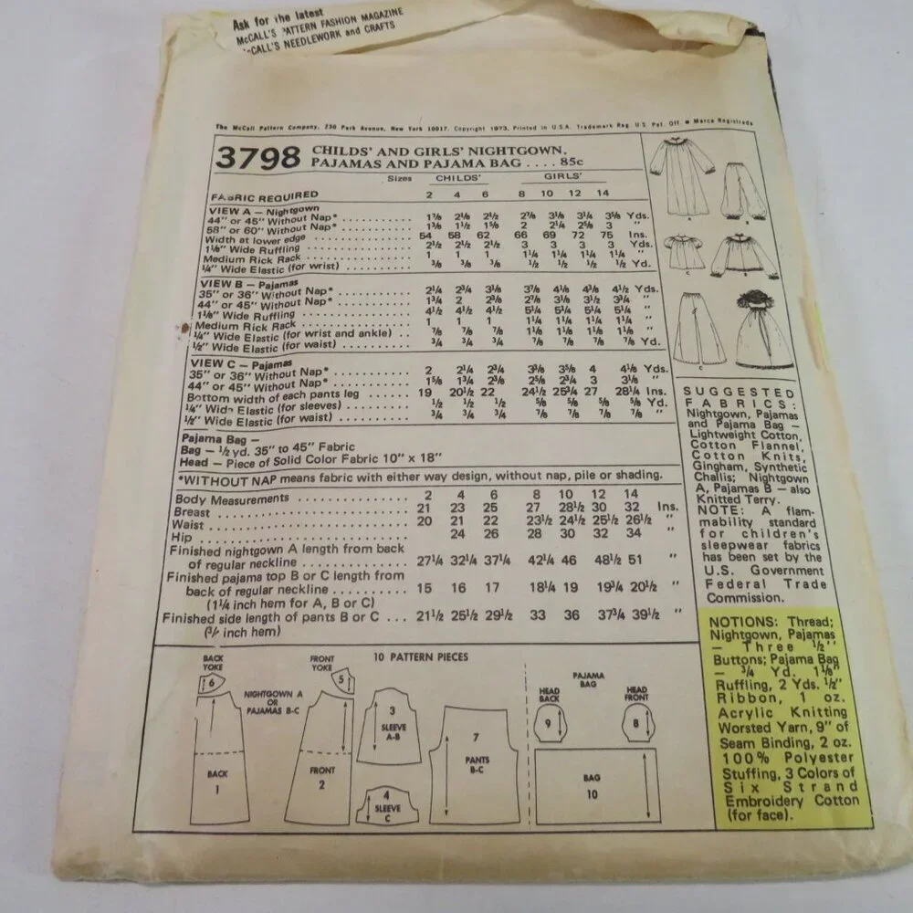 McCall's 3798 kids nightgown, pajama bag/doll, top, shorts, pants sewing pattern
